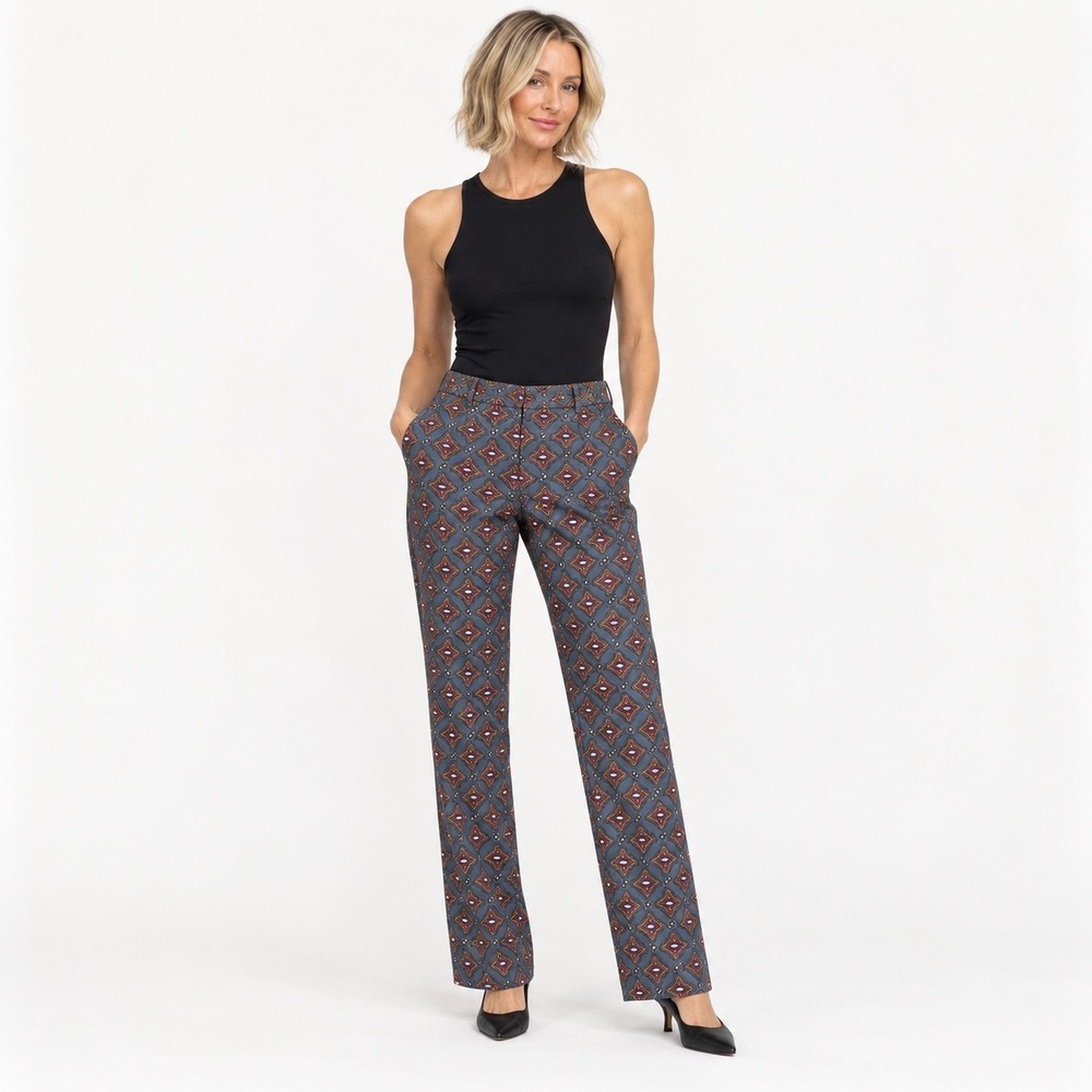 Burberry London Printed Straight Leg Pants Blue Geometric Cotton UK 8 US 6